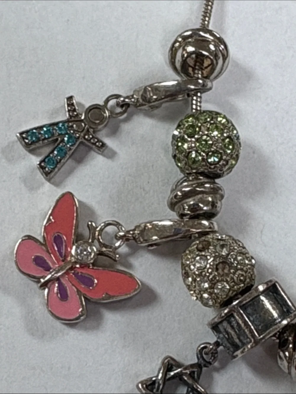Silver-Tone Charm Necklace with Pink, Green and Gold Accents